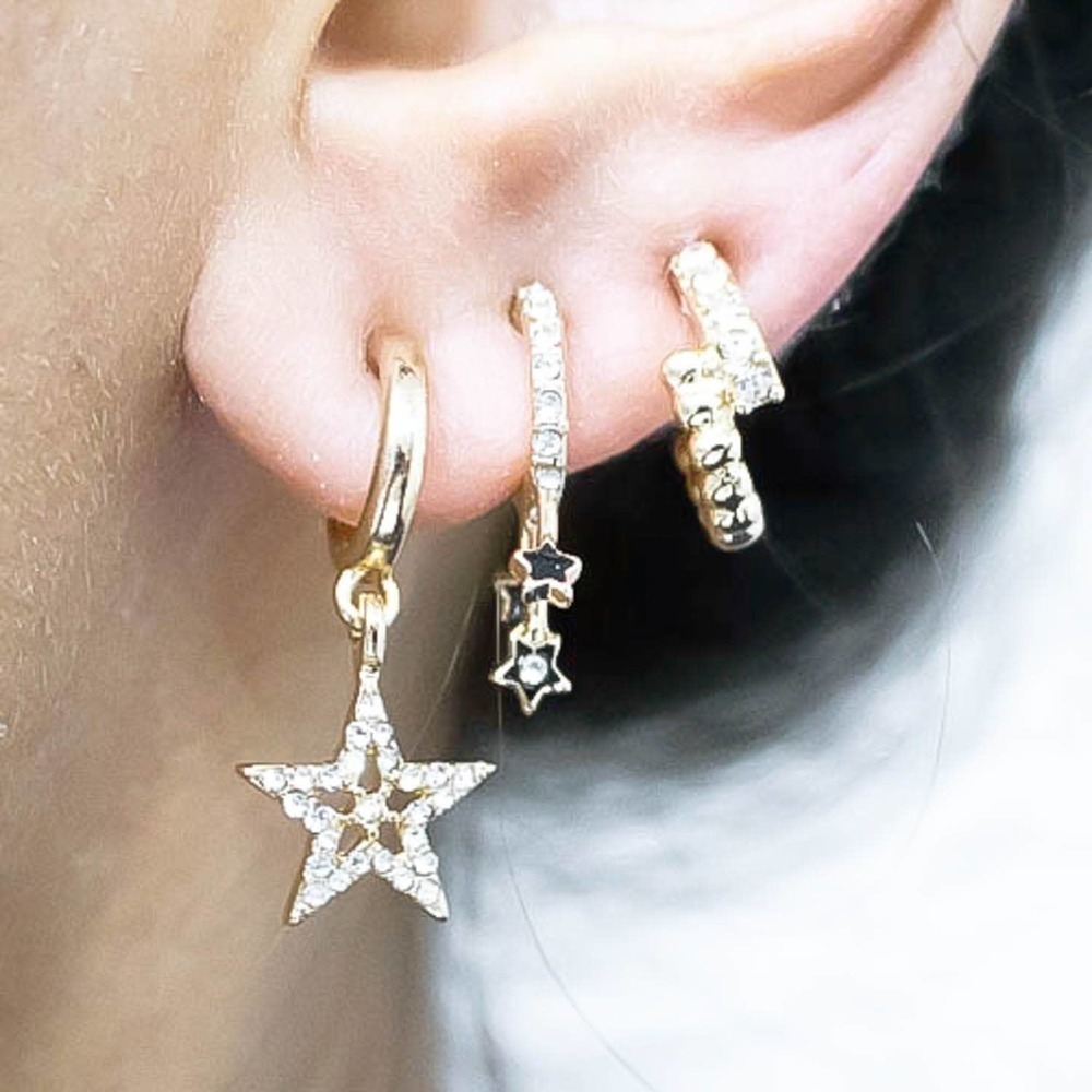 Baublebar Set of 3 Gold Star Rhinestone Huggie Hoops Earrings Huggies